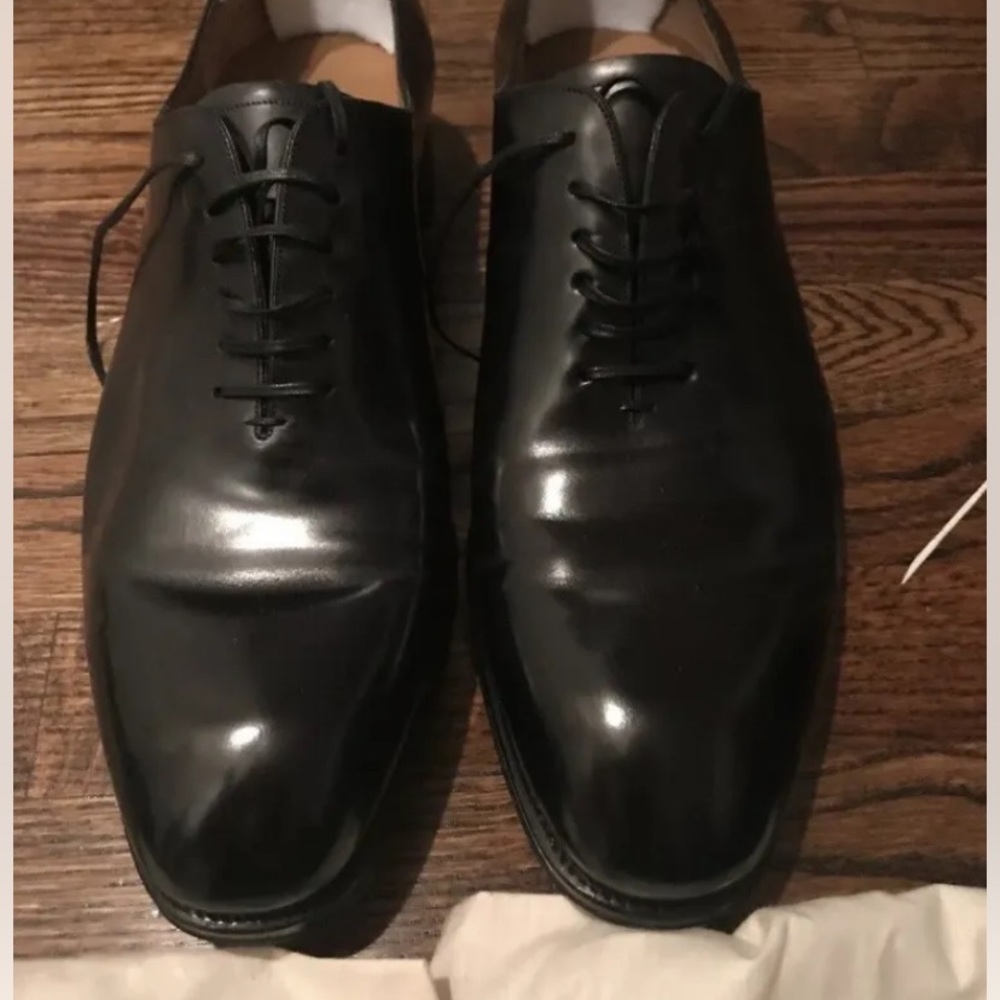 SALVATORE FERRAGAMO TRAMEZZA BLACK LEATHER DRESS SHOES, SIZE 12 EEE WORN ONCE